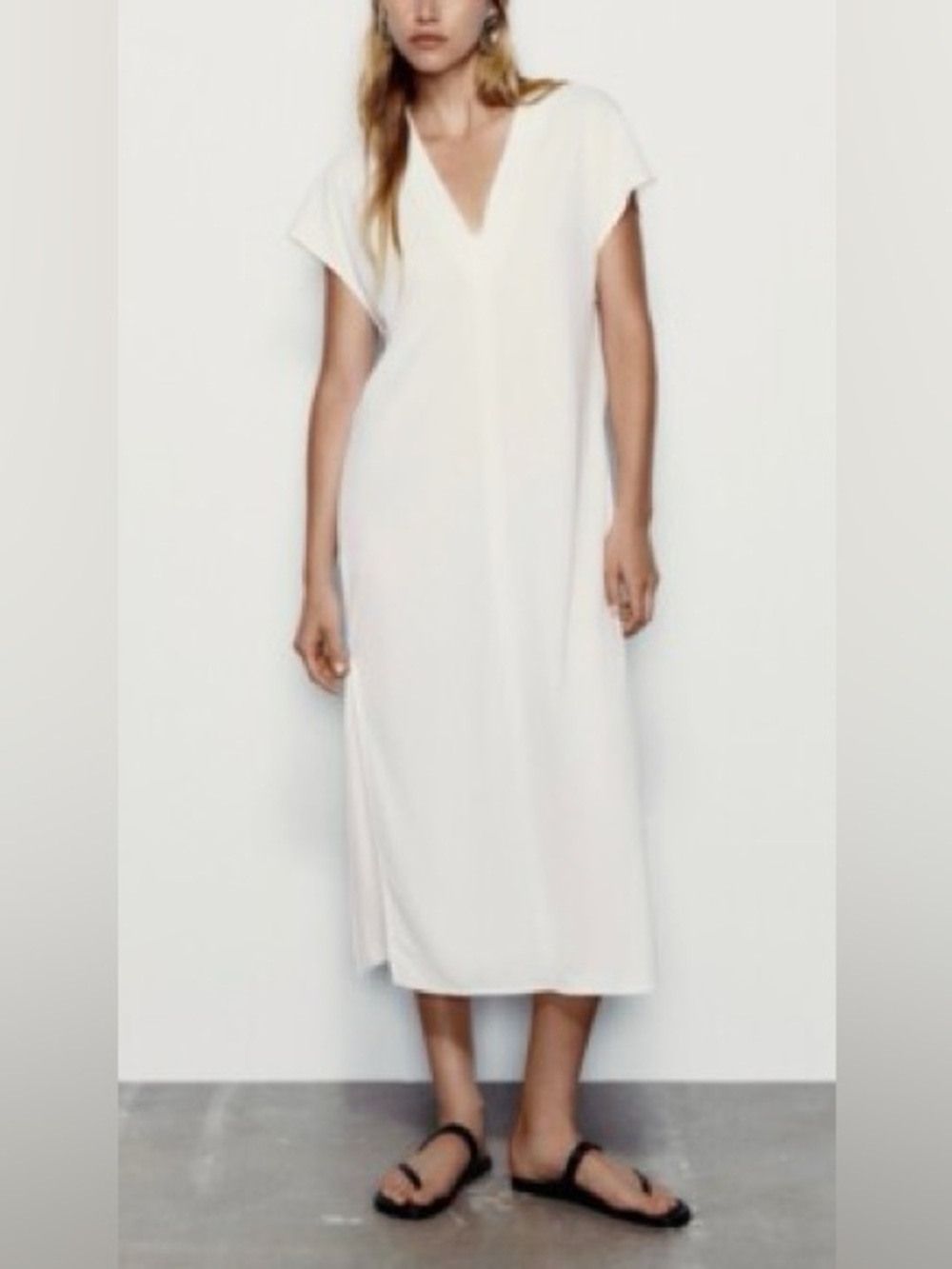 Zara Minimal V-Neck Midi Dress in Grey, Size S
